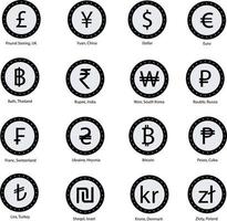 currencies coin on white background. Dollar, Euro, Pound Sterling, Indian Rupee, Yan, Yen, Swiss Franc, Thailand Baht, South Korea Won, Rouble, ruble. currency symbol set. flat style. vector