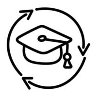 Mortarboard with three rotating arrows, linear design of educational recycling vector