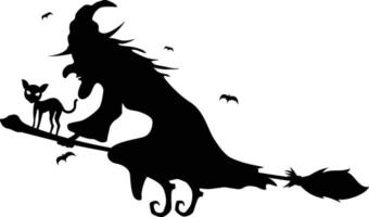 Silhouette of witch flying with cat on broomstick vector
