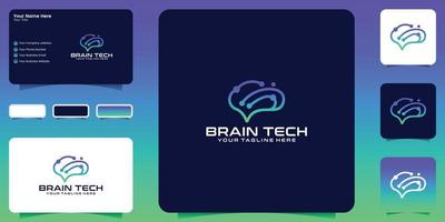 brain technology logo design with minimalistic lines and business card vector