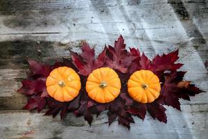 Festive autumn decor from pumpkins, pine and leaves on a  wooden background. Concept of Thanksgiving day or Halloween. Flat lay autumn composition with copy space. photo