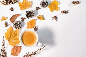 Autumn composition. Cup of coffee, autumn leaves , cinnamon sticks and anise stars on Bright Blue pastel  background. Flat lay, top view copy space. photo