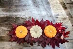 Festive autumn decor from pumpkins, pine and leaves on a  wooden background. Concept of Thanksgiving day or Halloween. Flat lay autumn composition with copy space. photo