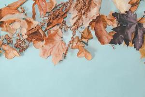 composición de otoño. taza de café, hojas de otoño, palitos de canela y estrellas de anís sobre fondo azul pastel brillante. endecha plana, espacio de copia de vista superior. foto