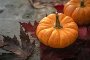 decoración festiva de otoño de calabazas, pinos y hojas sobre un fondo de madera. concepto de día de acción de gracias o halloween. composición plana de otoño con espacio de copia. foto