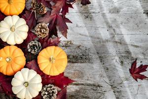 Pumpkins, dried leaves and pine wiht Autumn composition on wood background. Autumn, fall, halloween concept. Flat lay, top view, copy space photo