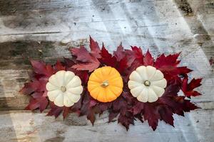 Festive autumn decor from pumpkins, pine and leaves on a  wooden background. Concept of Thanksgiving day or Halloween. Flat lay autumn composition with copy space. photo