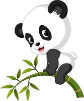Cute funny baby panda hanging on the bamboo vector
