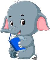 Cute elephant reading a book. vector