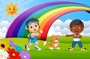 deporte infantil y perro en el parque el día del arco iris vector