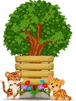 two tiger in front of an empty wooden signboard vector