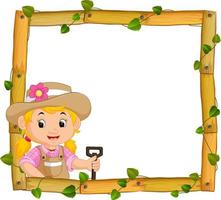 farmer on the wood frame with roots and leaf vector