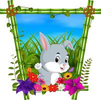 cute rabbit in bamboo frame with flower scene vector