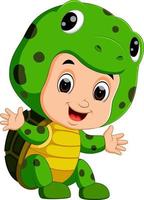 Cute kids cartoon wearing turtle costume vector