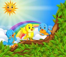 muchos pájaros en la rama del árbol con la escena del arco iris vector