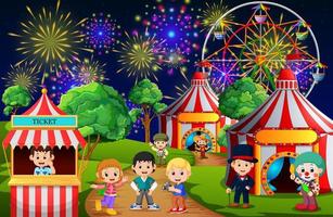 Many Children and people worker having fun in amusement park at night vector