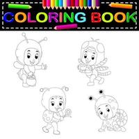 Cute kids cartoon wearing animal costume coloring book vector