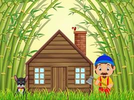 a bamboo forest with a happy lumberjack and dog vector