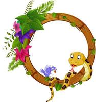 snake and bird on round wood frame with flower