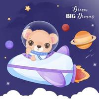 oso espacial en ilustración acuarela vector