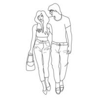 pareja caminando en estilo lineal. página para colorear hombre y mujer caminando juntos con los brazos alrededor del otro. paseo de cita romántica. vector