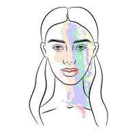 Elegant lady portrait in linear style with pastel colourful features. Detailed female face with abstract elements. Avatar for social media. vector