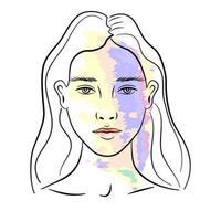 Beautiful woman portrait in minimalistic style. Female face outline with neon colour features, isolated on white background. Awesome print design for T-shirt. vector