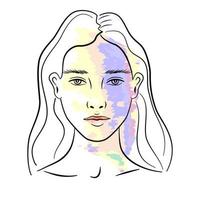 hermoso retrato de mujer en estilo minimalista. contorno de rostro femenino con características de color neón, aislado sobre fondo blanco. Impresionante diseño de impresión para camiseta. vector