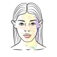 Beautiful young woman with straight hair. Abstract female portrait in linear style with pastel colour features. Social media avatar. vector