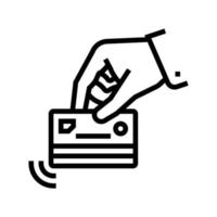 tarjeta de mano con ilustración de vector de icono de línea de chip de pago sin contacto