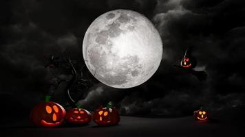 3d halloween pumpa semesterfest med fullmåne, flygande fladdermöss, pumpor pratar med varandra, levande ljus i pumpa, häxad hatt, kvast under månskenet för glad halloween, 3d-animation video