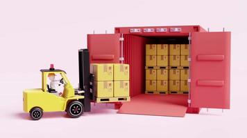 Hombre de palo de animación 3d con contenedor de envío para exportación de importación, carretilla elevadora, caja de cartón de mercancías, palet aislado sobre fondo rosa. concepto de servicio logístico, renderizado 3d video
