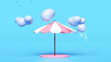 3D-animation paraply med moln, droppe regnvatten, åska isolerad på blå bakgrund. skydd och säkerhetskoncept video