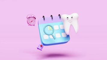 Calendário de animação 3D com modelo de dentes molares dentários, relógio, ícones de marca de seleção, data marcada, campainha de notificação isolada em rosa. saúde dos dentes brancos, exame odontológico do dentista, renderização 3d video