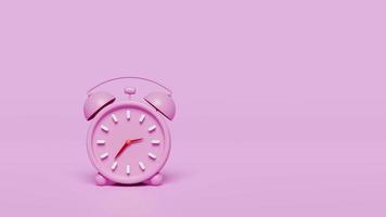 3d personaje de dibujos animados rosa reloj despertador hora de despertarse por la mañana con espacio aislado sobre fondo rosa. concepto de diseño mínimo, ilustración de renderizado 3d video