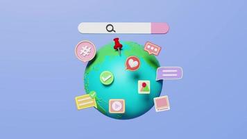 3d animation social media on earth with chat bubbles, search bar isolated on blue background. online social, communication applications seo concept, 3d render illustration video