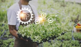 Futuristic businessman farms vegetables and crops using modern AI technology using mobile phones, temperature and humidity sensors, water tracking, climate control, holographic data data icons. photo