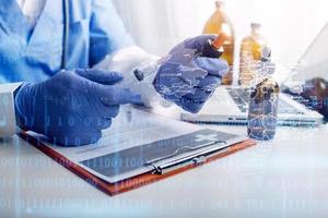 Double exposure of technology healthcare And Medicine concept. Doctors using digital tablet and modern virtual screen interface icons panoramic banner, blurred background. photo