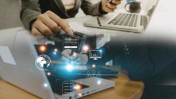 Online transactions, Businessman touching fingerprint scan provides security interface payment shopping banking and cloud computing network connection on virtual screen. photo
