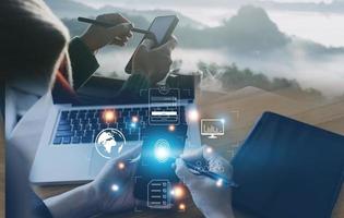 Online transactions, Businessman touching fingerprint scan provides security interface payment shopping banking and cloud computing network connection on virtual screen. photo