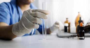 Double exposure of technology healthcare And Medicine concept. Two doctors using digital tablet and modern virtual screen interface icons panoramic banner, blurred background. photo