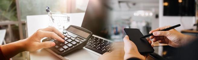 Businessman and team analyzing financial statement Finance task. with smart phone and laptop and tablet. Wealth management concept photo