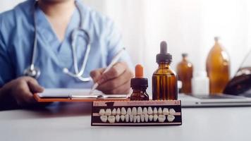 Double exposure of technology healthcare And Medicine concept. Two doctors using digital tablet and modern virtual screen interface icons panoramic banner, blurred background. photo
