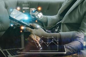 Online transactions, Businessman touching fingerprint scan provides security interface payment shopping banking and cloud computing network connection on virtual screen. photo