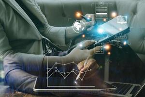 Online transactions, Businessman touching fingerprint scan provides security interface payment shopping banking and cloud computing network connection on virtual screen. photo