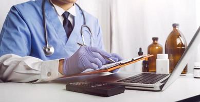 Double exposure of technology healthcare And Medicine concept. Doctors using digital tablet and modern virtual screen interface icons panoramic banner, blurred background. photo