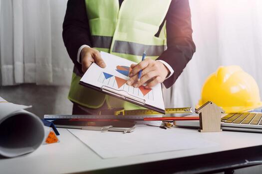 Two colleagues discussing data working and tablet, laptop with on on architectural project at construction site at desk in office photo
