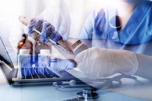 Double exposure of technology healthcare And Medicine concept. Doctors using digital tablet and modern virtual screen interface icons panoramic banner, blurred background. photo