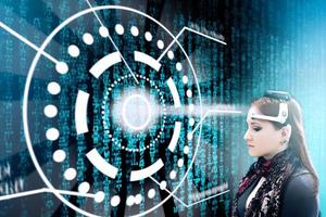 Young woman uses artificial intelligence. Concept of technology and development of the metaverse. Data visualization. photo