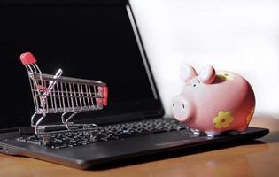 Piggy bank and trolley on a laptop - online discounts and success in online shopping photo